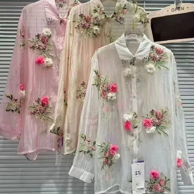 Luxury Design Summer Sparkle Diamonds Flowers Embroidery Party Shirts