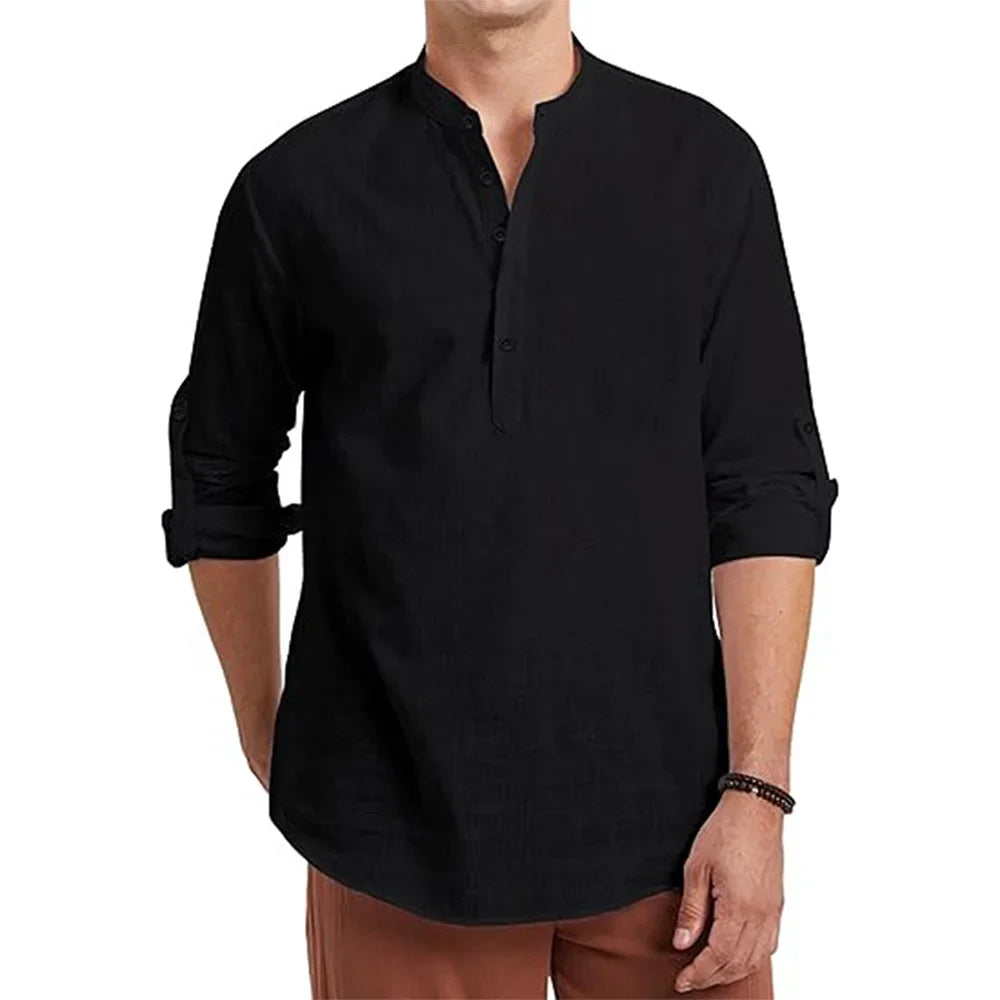 Summer Spring Men's Long Sleeve Polo Shirt Cotton Linen T-shirt Henley