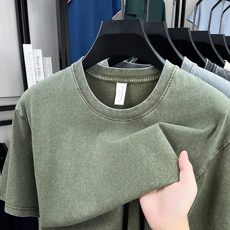 American Style Retro Heavyweight Solid Color Short Sleeved T-shirt Men