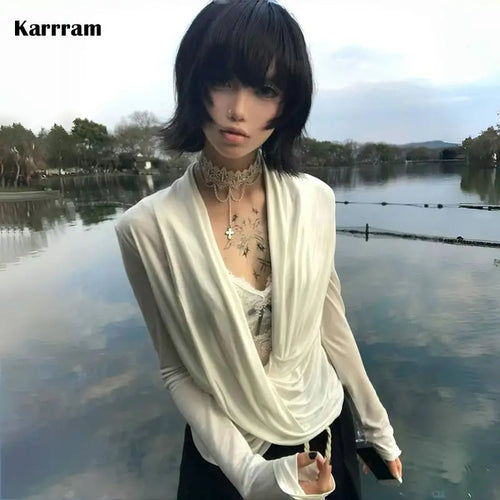 Karrram Japanese Y2k Cross Tops Trashy 2000s Style V-neck Long Sleeve