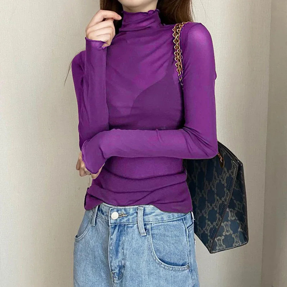 Women Blouses Ladies Party Female Bottoming Tops High Neck Long Sleeve
