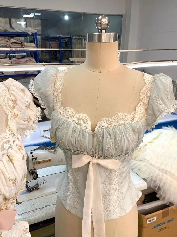 French Vintage Sweet Lace Trim Floral Blouse Women Bow Tie Front