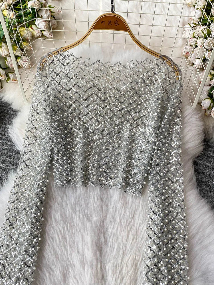 2025 Fashion Streetwear Sequined Sun-proof Blouses Sexy Pearl Beading