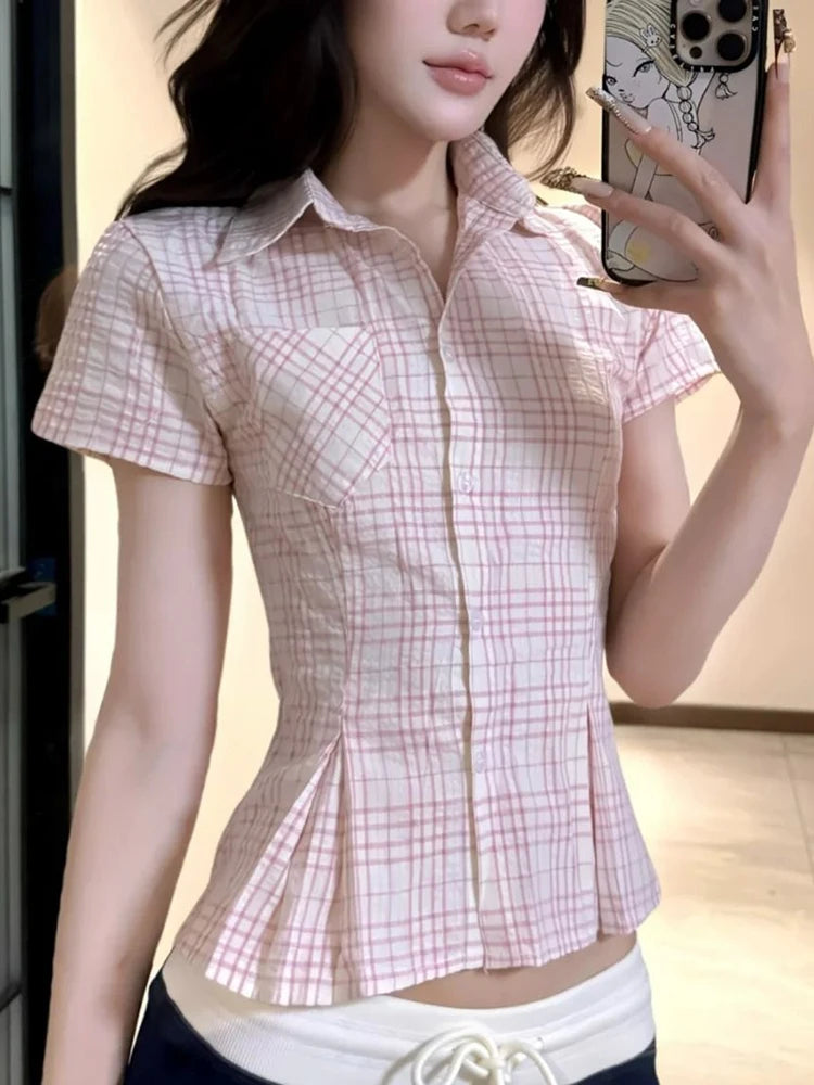 Women Slim Pink Plaid Shirt Sexy Cropped Amercian Vintage Short Sleeve