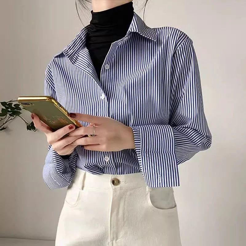 Classic Striped Woman Spring Autumn Blouses Shirt Lady Long Lantern