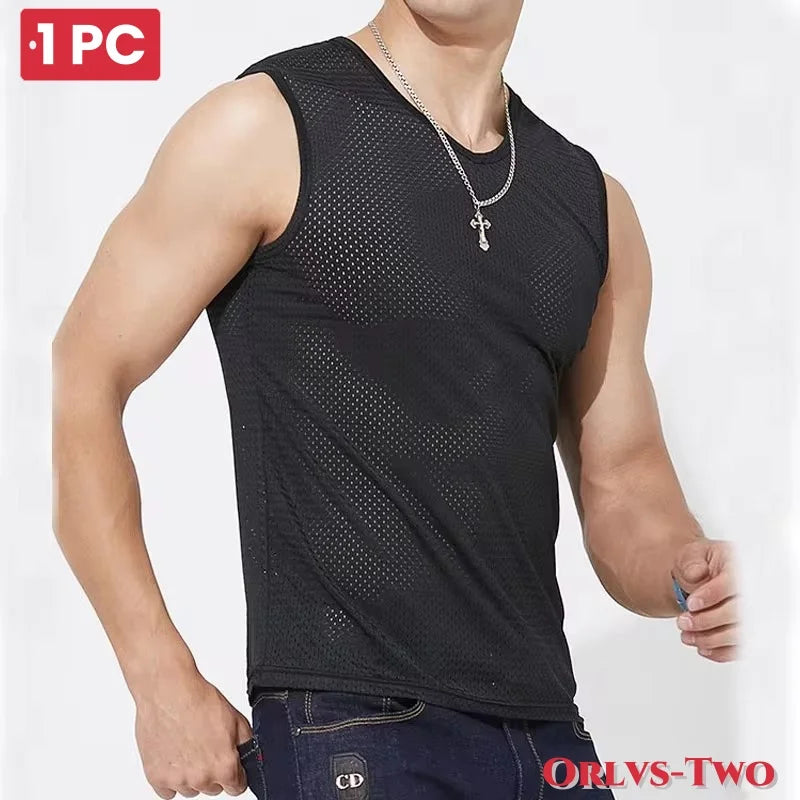 1 PC Men's Ice Silk Mesh Tank Tops Gym Stringer Transparent