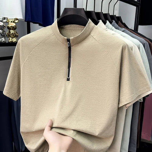 Mens Heather Melange Raglan Half Zip Mandarin Stand Collar Short