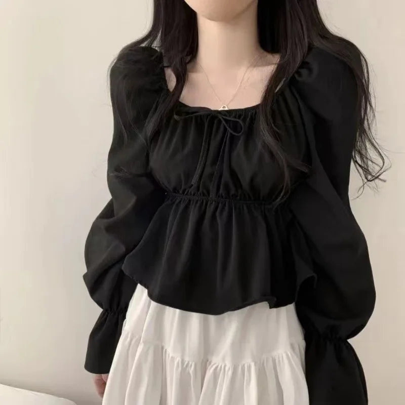 2025 Fashion New Ruffle White Long sleeved Women's Blouses Square Neck