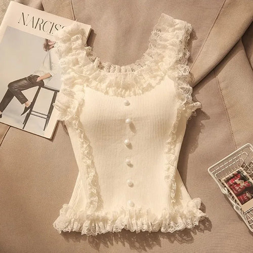 Sleeveless White Lace Patchwork Tank Top Women Camisole Black Crop