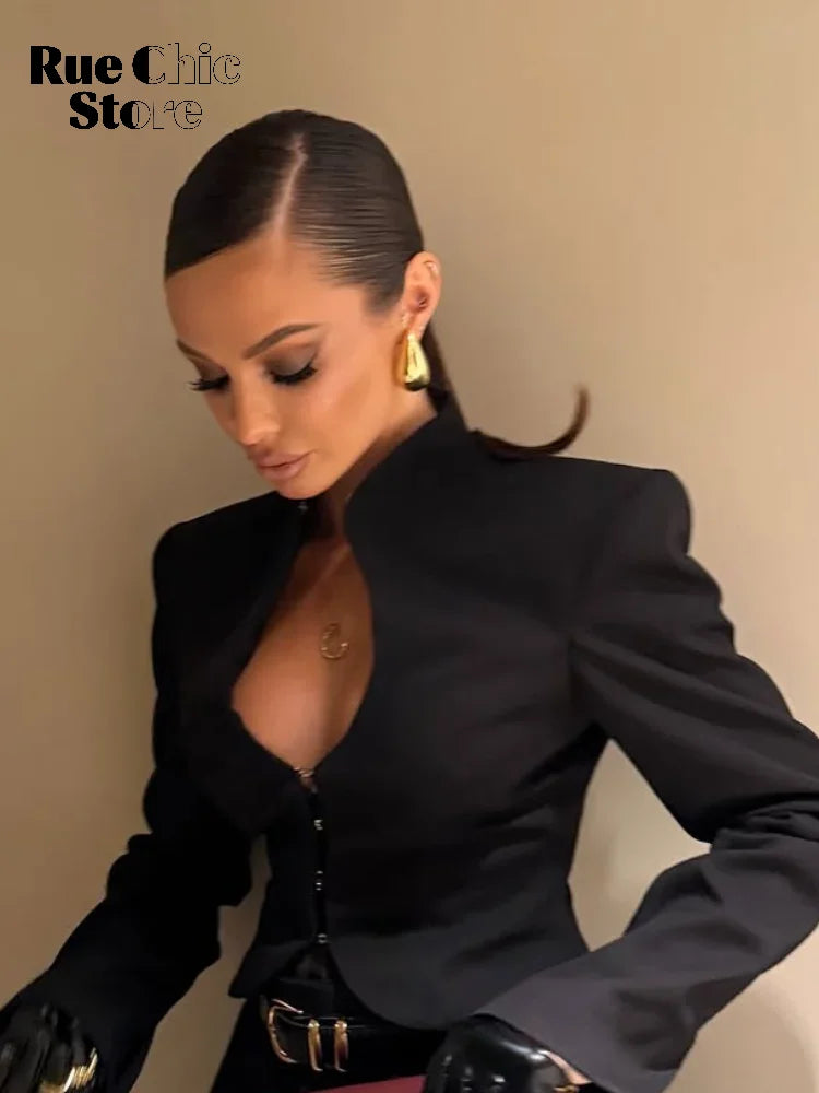 Black Fitted Blazer Short Shirt Women Chic Sexy Padded Shoulder Hollow