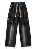 Summer Men's Straight Jeans Multi-Pockets Wide Leg Denim Cargo Pants