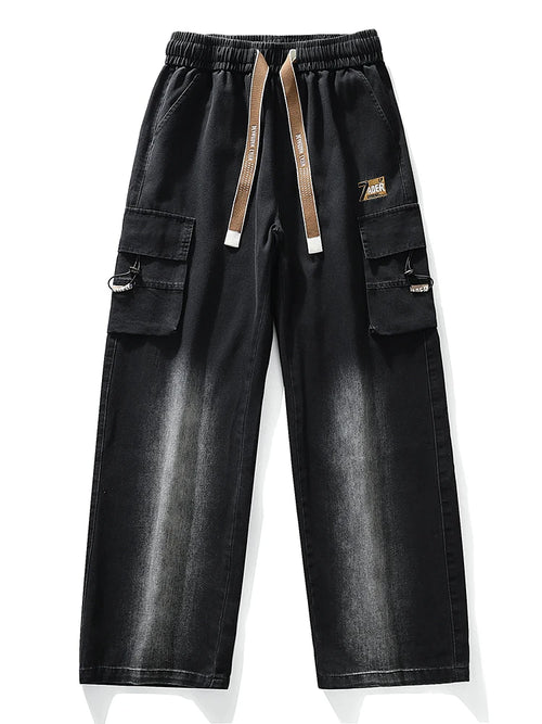 Summer Men's Straight Jeans Multi-Pockets Wide Leg Denim Cargo Pants