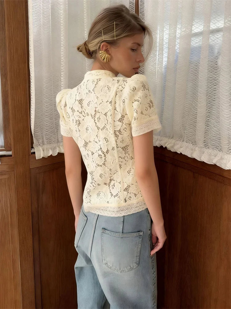 Tossy Fashion Hollow Out Lace Shirts Cardigan Women's Short Sleeve