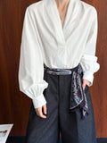 Women Casual White Color Blouses V-Neck Puff Sleeve Office Blouses