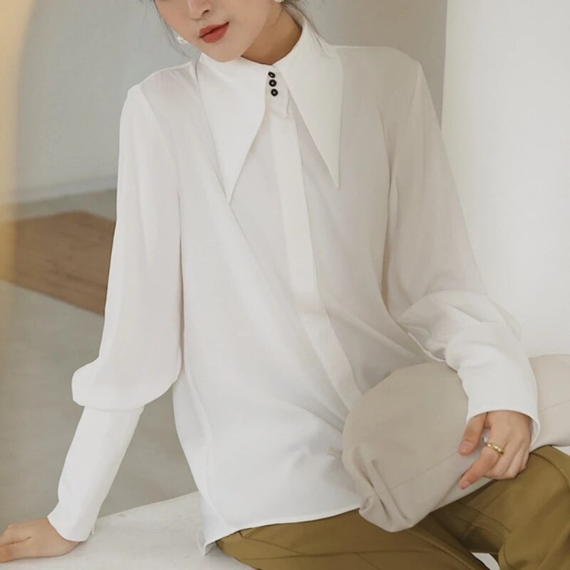 Stylish Elegant Turn Down Collar White Long Sleeve Satin Shirts