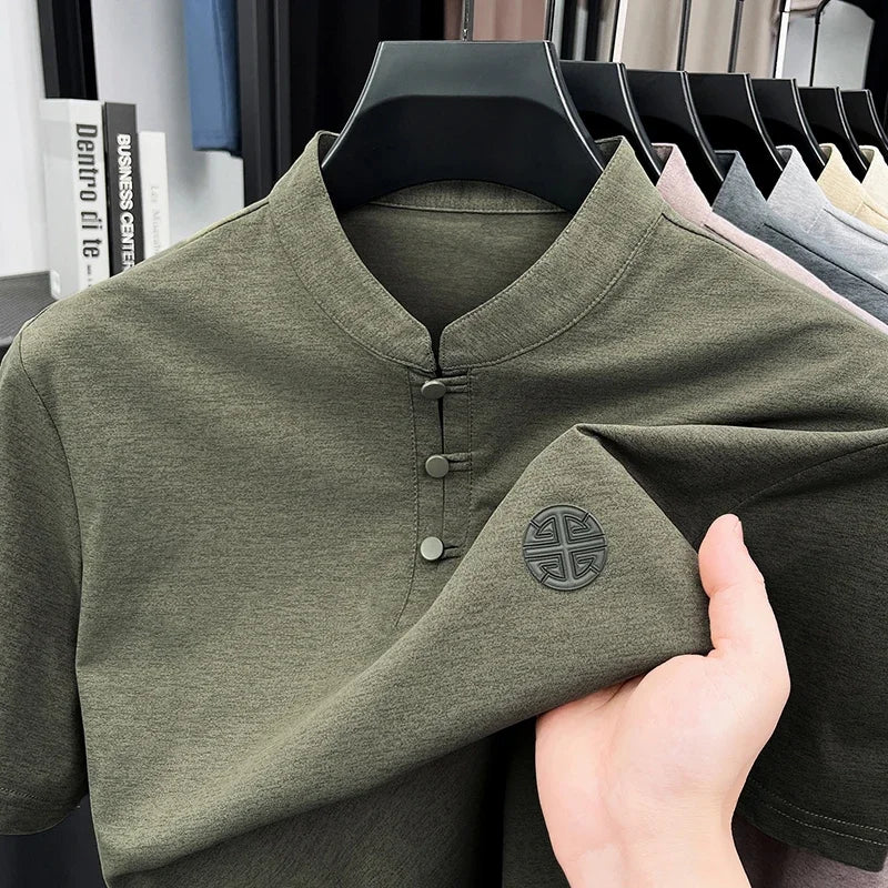 Men's Mandarin Collar Short Sleeve T-Shirt Casual Chinese Style Button