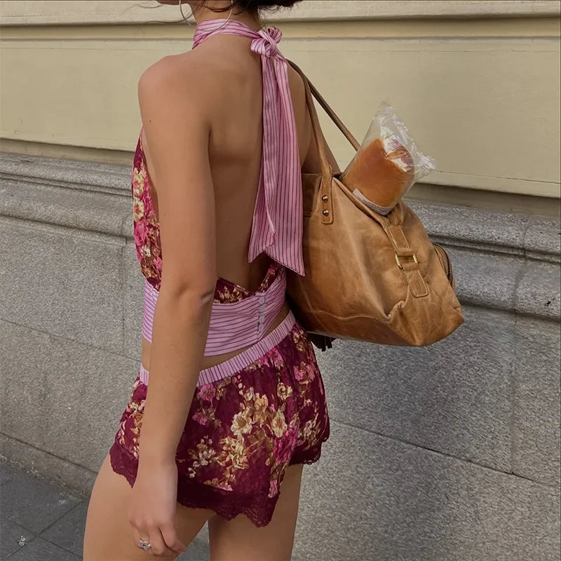 Women's Vintage Boho Floral Print Halter Neck Top Sleeveless Chiffon