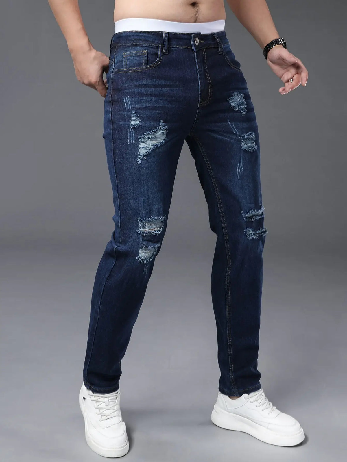 Men's plus size tight jeans with elastic holes, fashionable slim fit,