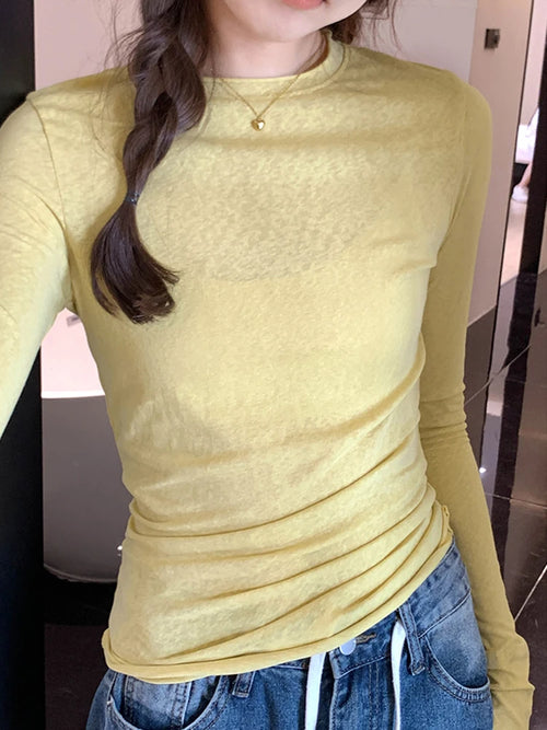2024 Spring Autumn T shirt Women Tops Solid Slim Fit Long Sleeve O