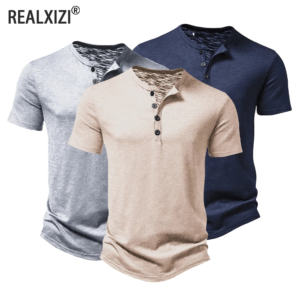 Henley Collar Summer Men's Casual Solid Color O-Neck Short Sleeve Men