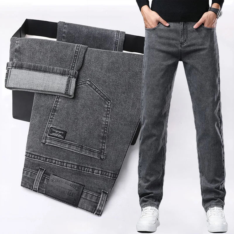 Spring New Men's Slim Fit Elastic Jeans Fashion Gray Comfortable