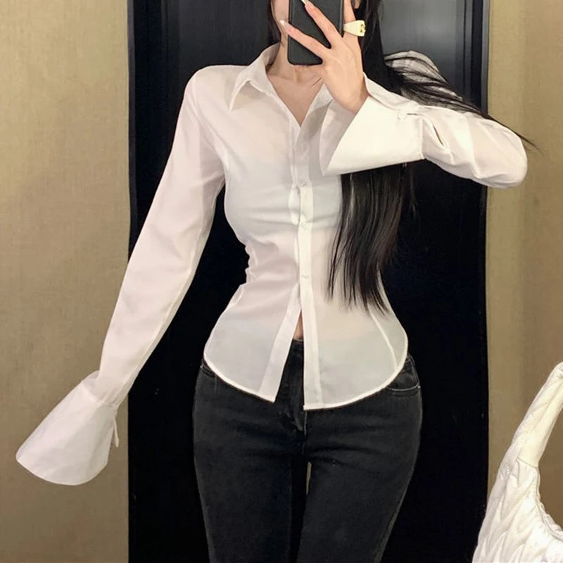 Women White Bandage Shirts Korean Sexy Slim Flare Long Sleeve Female