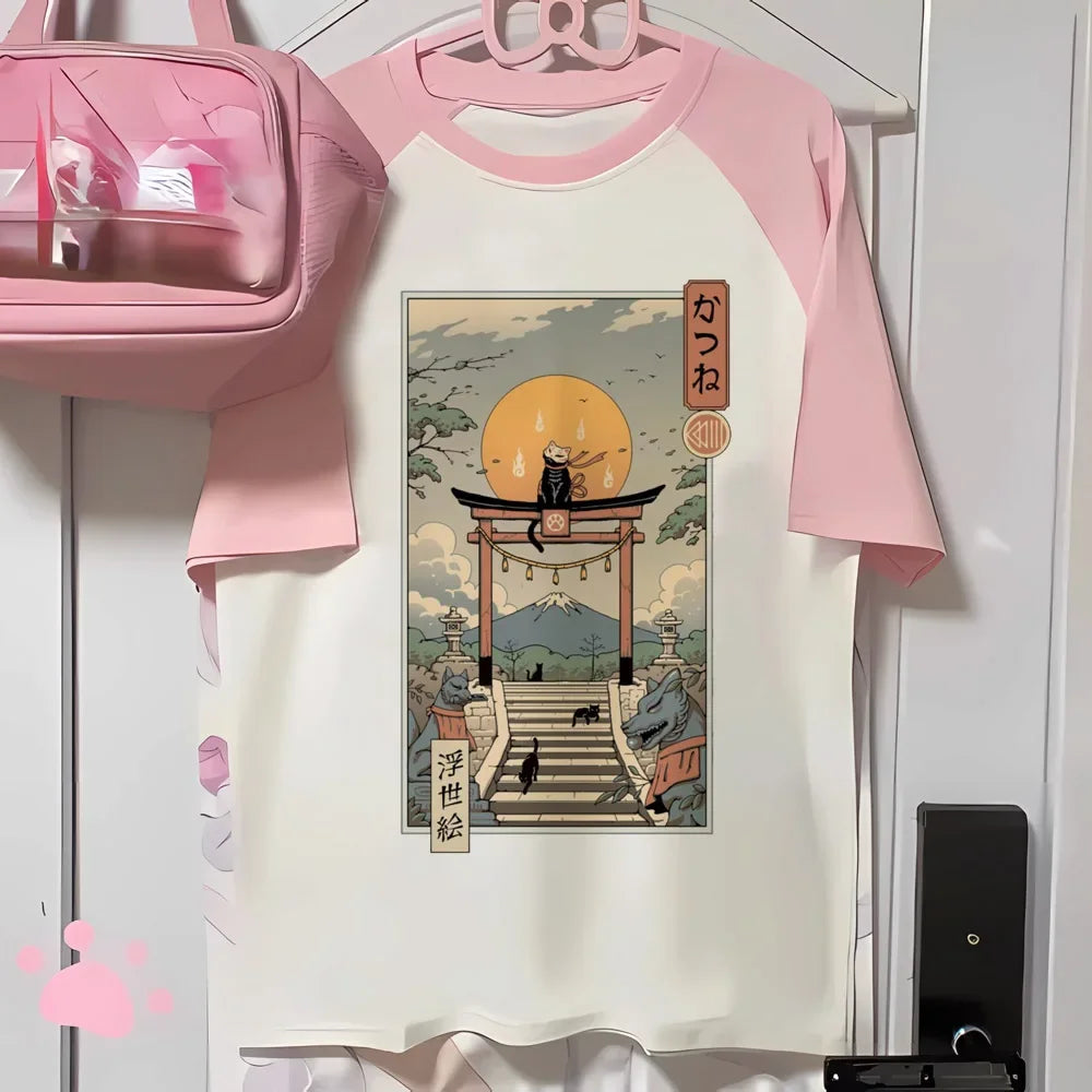 Aesthetics Japanese Grunge T-shirt Y2k Harajuku Anime Cartoon Cat Tops