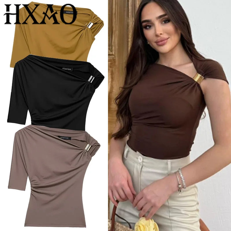 HXAO Asymmetrical Top One Shoulder T-Shirt Cropped Women's Black Top