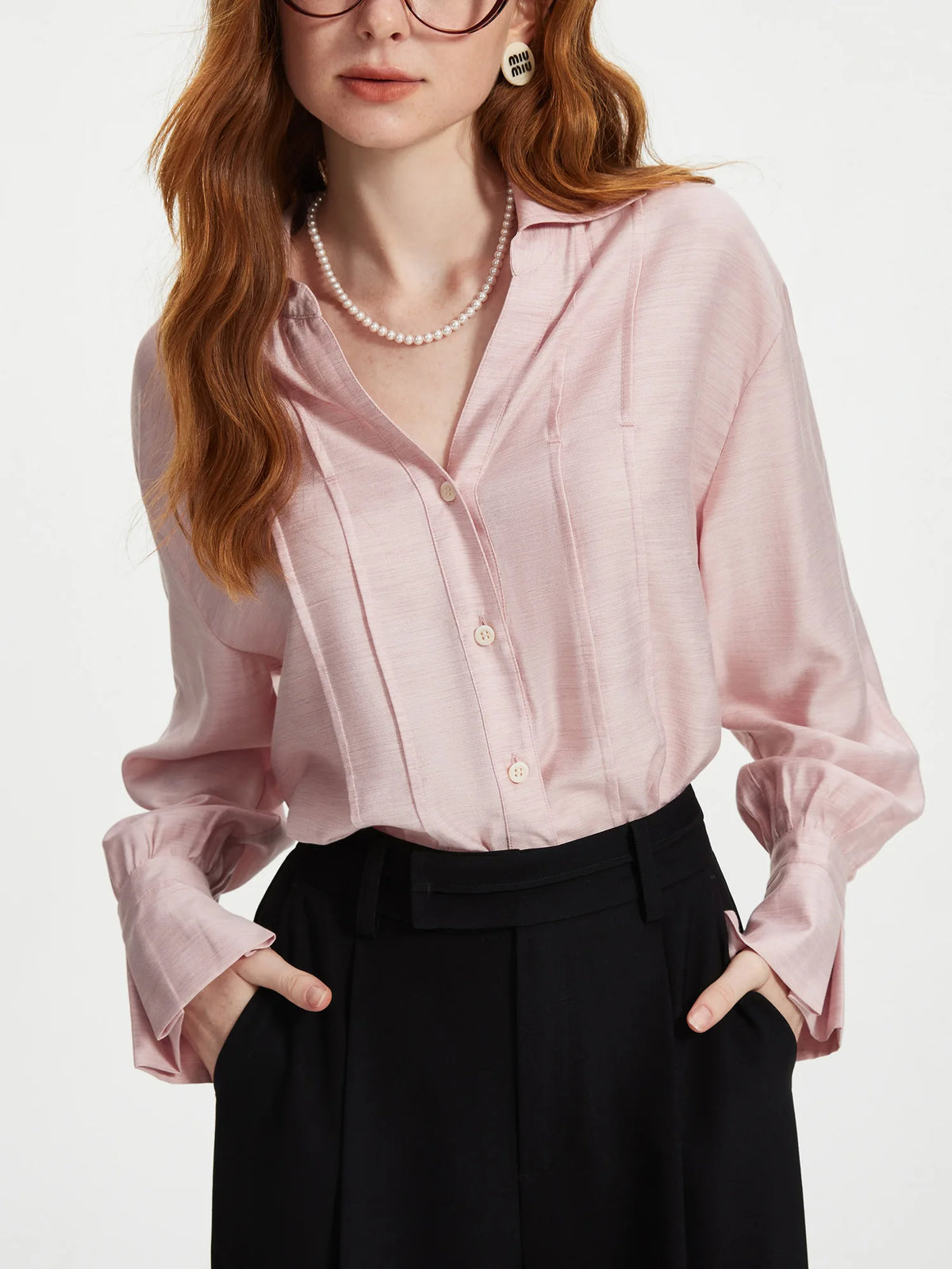 FSLE Women Long Sleeve Blouses V-Neck Women Pink Autumn Tops Striped