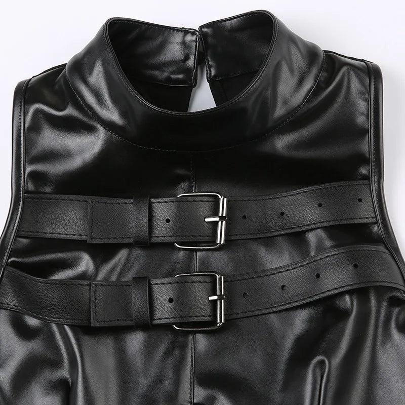 Streetwear Style Leather Mesh Splicing Half High Collar Belt Design