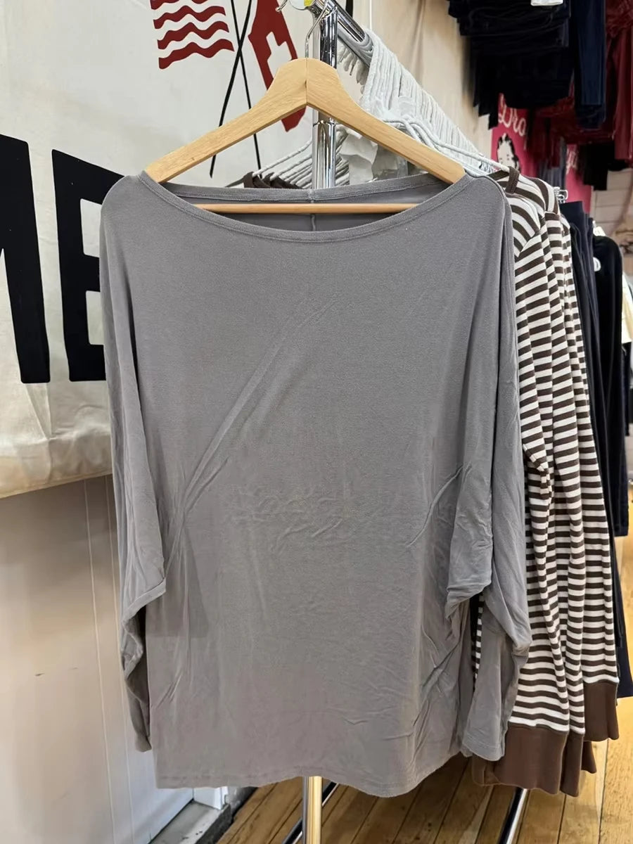 Long Batwing Sleeve T-shirts Woman Sexy Slash Neck Cotton Tee Shirts