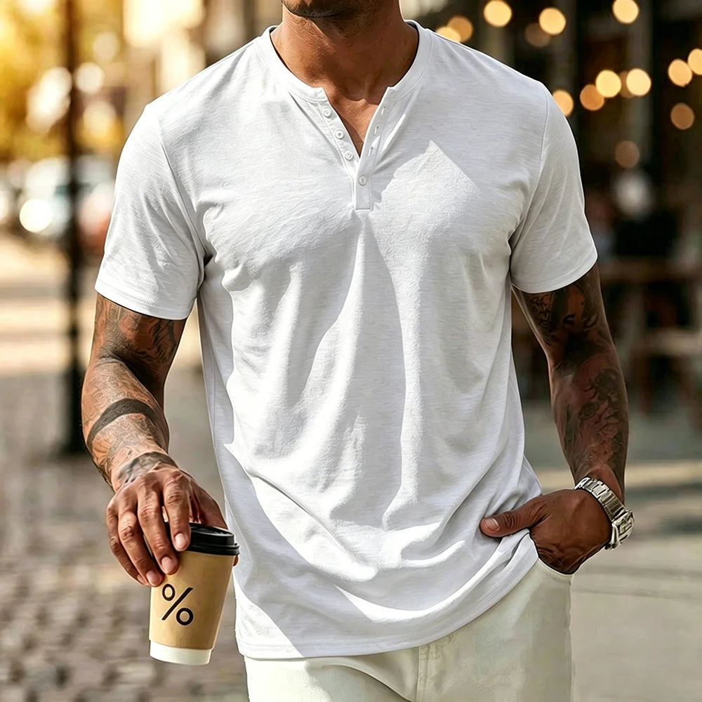 Men's Short Sleeve Henley Shirt Cotton Breathable Solid Color T-shirt