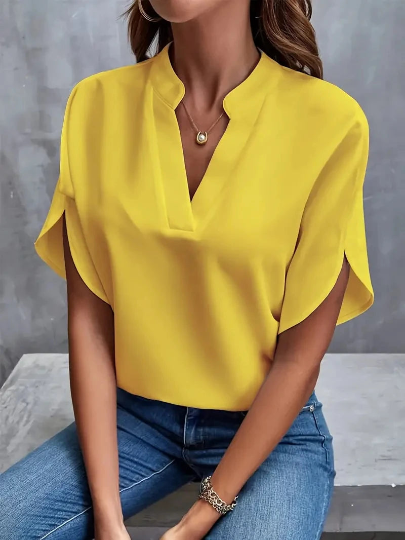 Women Elegant Solid Chiffon Blouse Spring Summer Casual Long Sleeve V