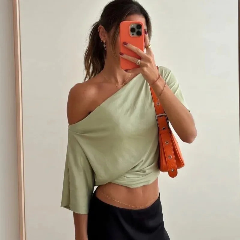 Talenza Summer One Shoulder Tops Fashion Slim Shrink Short Sleeve