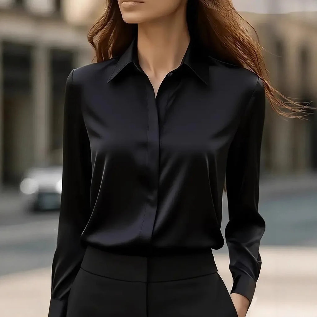 2025 New Women's Long-sleeved Shirt 10 Color Lapel Satin Button