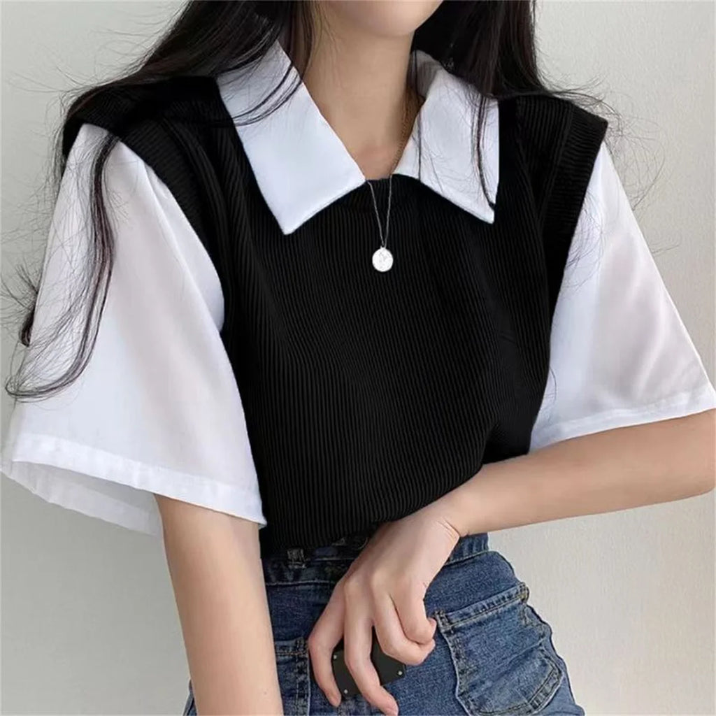 Summer Academy Style Color Blocking Polo Collar Top Fake Two-piece