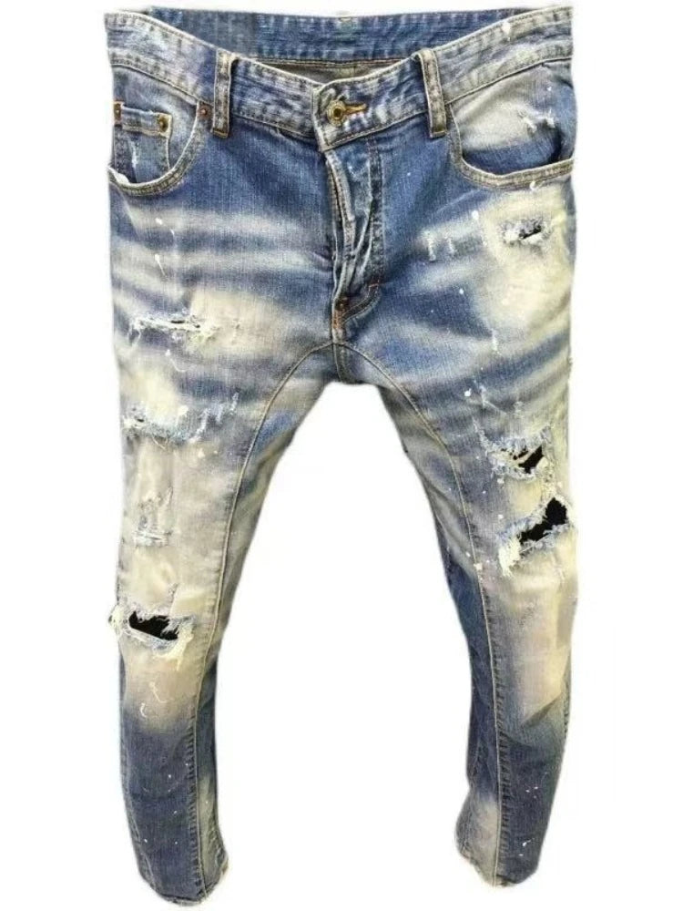 New Men's Ripped Jeans Distressed Elastic Slim Pencil Fit Denim Pants