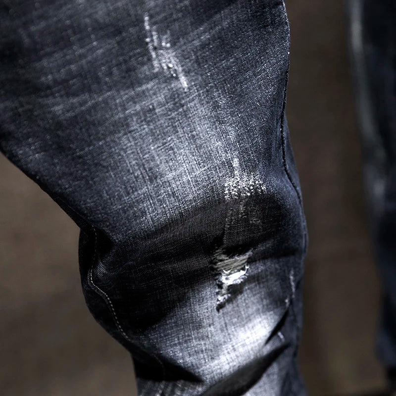 2025 Summer New Ripped Jeans Men Slim-fit Denim Pants Cotton Korean