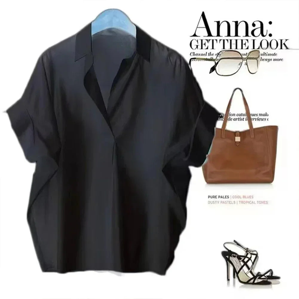 Women Blouses Spring Summer Breathable Simple Short Batwing Sleeve