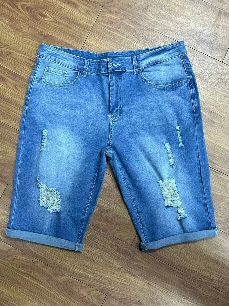 Summer Men's Retro High Waist Denim Shorts Hole-Punched Straight Leg
