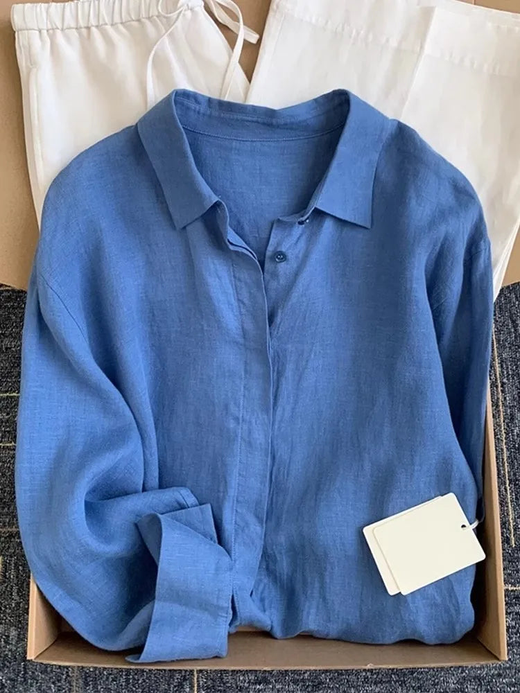 Casual Office Ladies Work Solid Color Linen Shirt Long Sleeve Spring