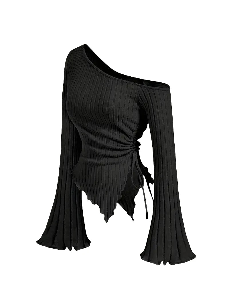 Women's Off-Shoulder Cross Long-Sleeved Slim Fit T-Shirt Asymmetrical