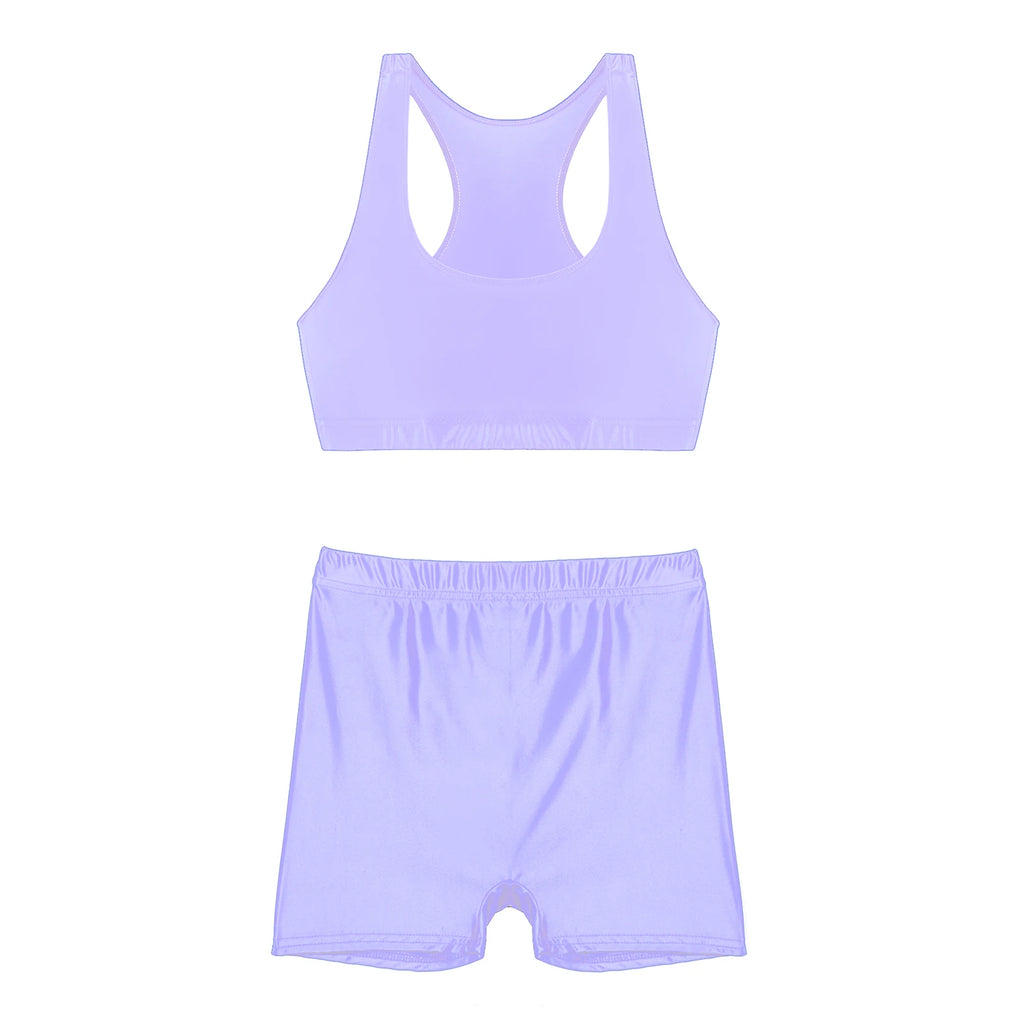 Womens Glossy Swimwear Sleeveless Tank Top with Mid Waist Shorts