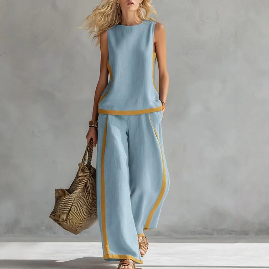 Simple Stripe Print Women's Suits Summer Fashion Sleeveless Loose