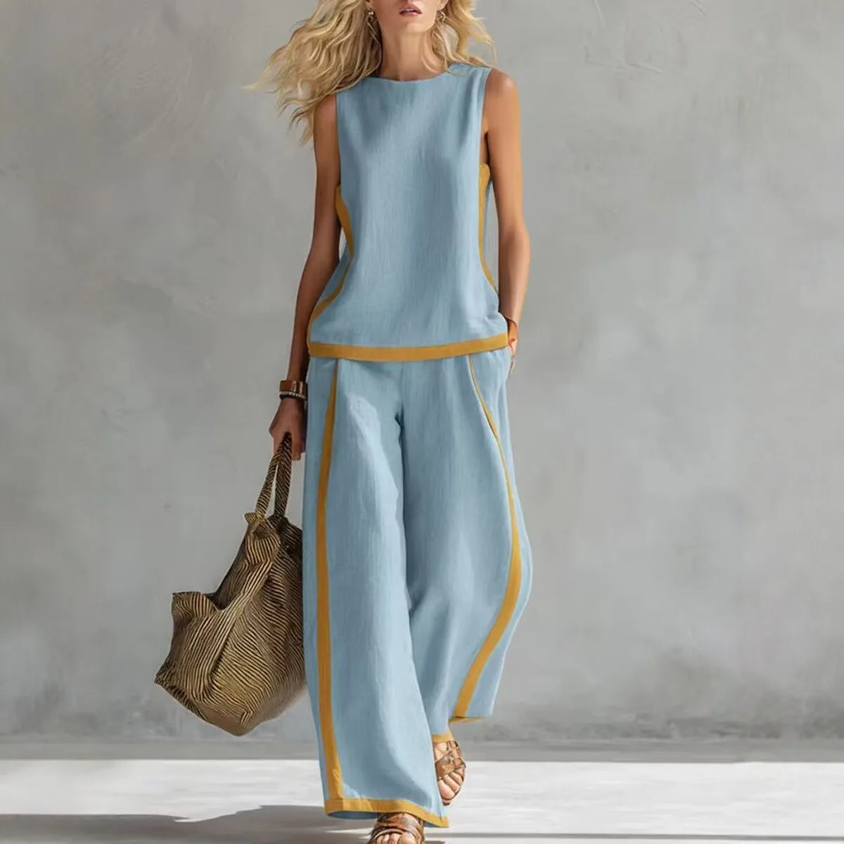 Simple Stripe Print Women's Suits Summer Fashion Sleeveless Loose