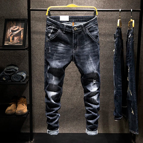 2025 Summer New Ripped Jeans Men Slim-fit Denim Pants Cotton Korean