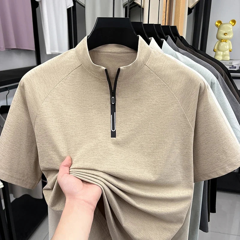 Men's Half Zip Short Sleeve T Shirt Stand Collar Breathable Fabric