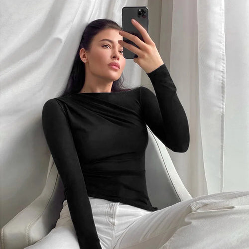 Long Sleeve Top White T-Shirts Women Basic Crop Top Autumn Pollover
