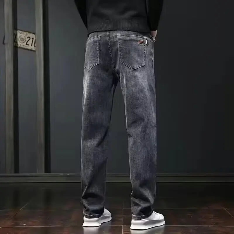 Men's lightweight loose-fit wide-leg jeans with thick legs, slim-fit,