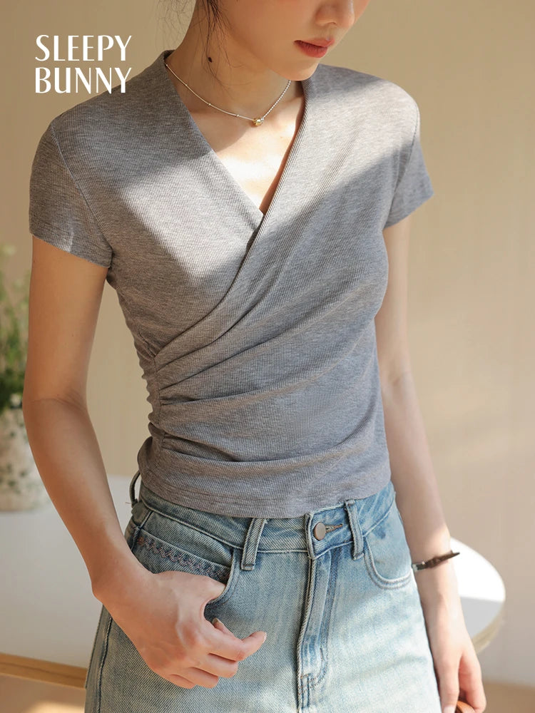 Chic Cross V Neck T Shirt Slim Fit Short Sleeve Top Elegant Casual